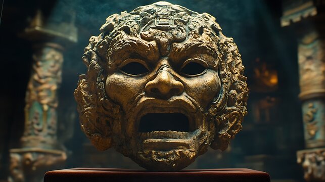 Ancient Greek theater mask with dramatic, ornate, and in temple ruins.