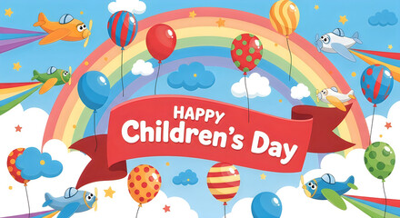 Naklejka premium Happy Children's Day Celebration with Colorful Balloons and Cartoons illustration
