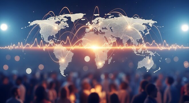 Abstract world map with light trails over a blurred office background, depicting international business connections, tech growth, and globalized markets