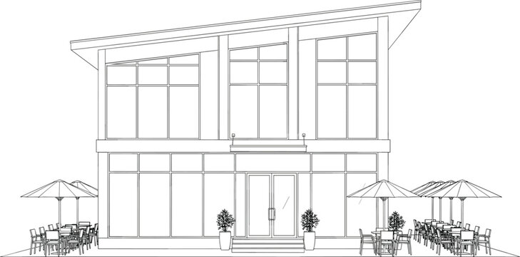 Modern restaurant cafe building exterior vector line art with outdoor patio seating area umbrellas and contemporary glass facade
