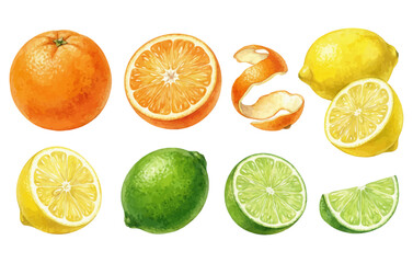Fototapeta premium Citrus fruits collection, whole and sliced lemons, oranges, and limes.