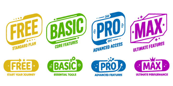 Collection of membership plan badges free basic pro max with various slogans.
