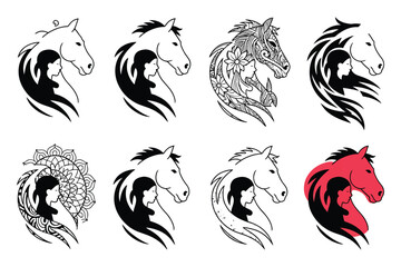 Obraz premium Horse and woman silhouette logo set bundle equine profile girl face profile portrait minimal style line art animal and human connection