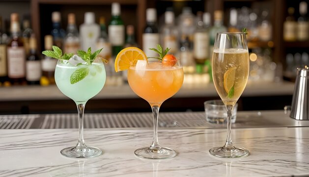Tr&iacute;o de c&oacute;cteles exquisitos, presentados con elegancia en una barra
