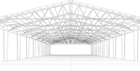 Industrial warehouse interior steel roof truss structure vector illustration with perspective view of large empty storage hangar building © Bappi