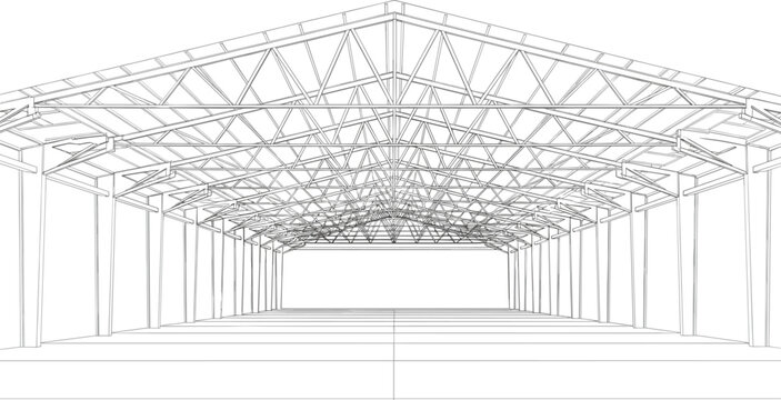 Industrial warehouse interior steel roof truss structure vector illustration with perspective view of large empty storage hangar building