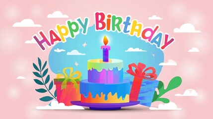 Naklejka premium Colorful Birthday Cake With Decorations and Gifts for Celebration