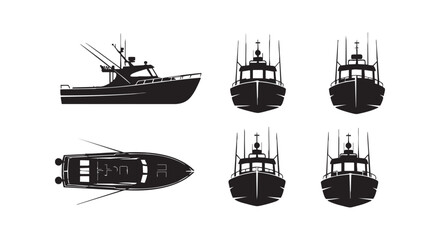 A set of six different boat silhouettes with various views and perspectives isolated on transparent background © Md