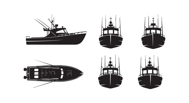 A set of six different boat silhouettes with various views and perspectives isolated on transparent background