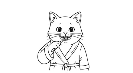 Fototapeta premium A charming black and white illustration of a cat wearing a robe and brushing its teeth with a toothbrush.