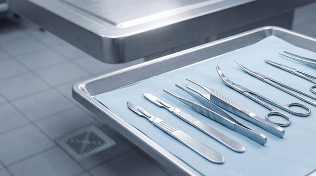 Surgical instruments on a tray in a sterile medical style in silver and blue colors used for forensic examination with copy space