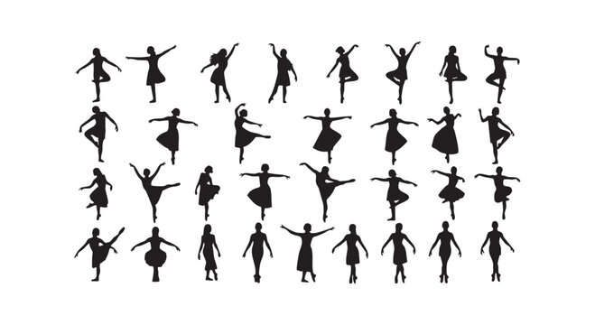 Collection of ballet dancers in various poses and positions silhouettes isolated on transparent background