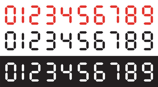 Zero to nine digital electronic clock numbers vector set, LCD and LED digits, for clock, timer, calculator, watch, alarm, counter, vector illustration