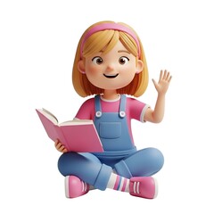 Little girl reading a pink book and waving her hand happily.