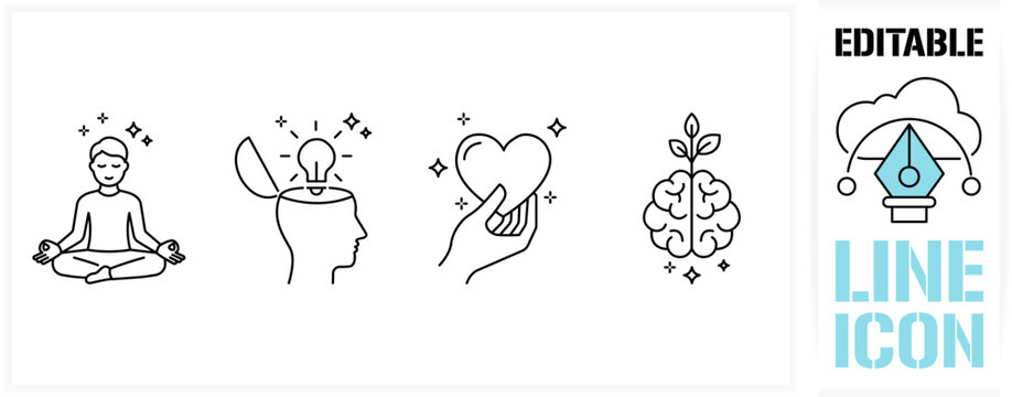 Editable line icon set in a black simple and clean vector outline stroke for mental health, meditation yoga, creative mind insight, self care love and psychological growth with brain plant concept.