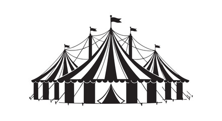 A large black and white illustration of a classic circus tent with flags isolated on transparent background © Md