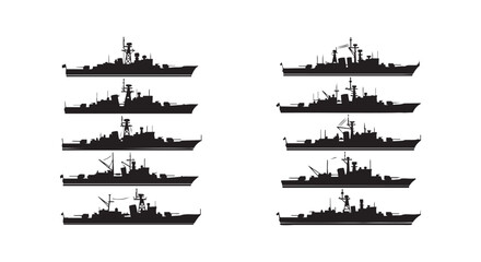 Silhouette of various warships on white background for naval illustration isolated on transparent background © Md