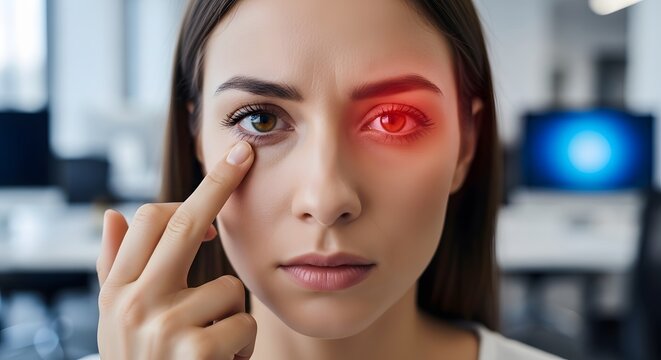 Red eye infection and conjunctivitis symptoms. Medical diagnosis and ocular health. Woman pointing at her irritated red eye while looking directly at the camera in office
