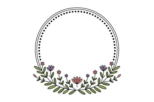 A floral wreath illustration with a dotted circle border design