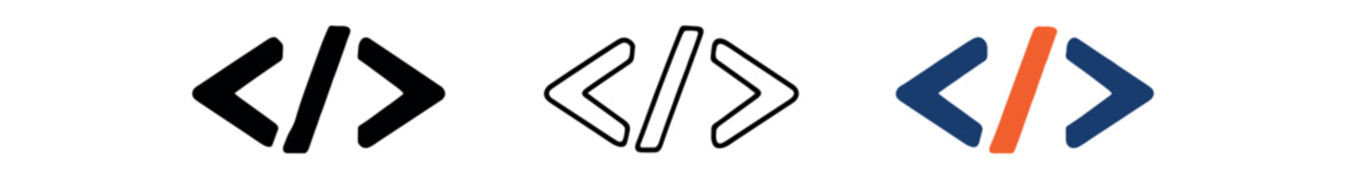 Code bracket icon set. programming, development, html, coding, software, developer. line, flat and colored vector icon set.