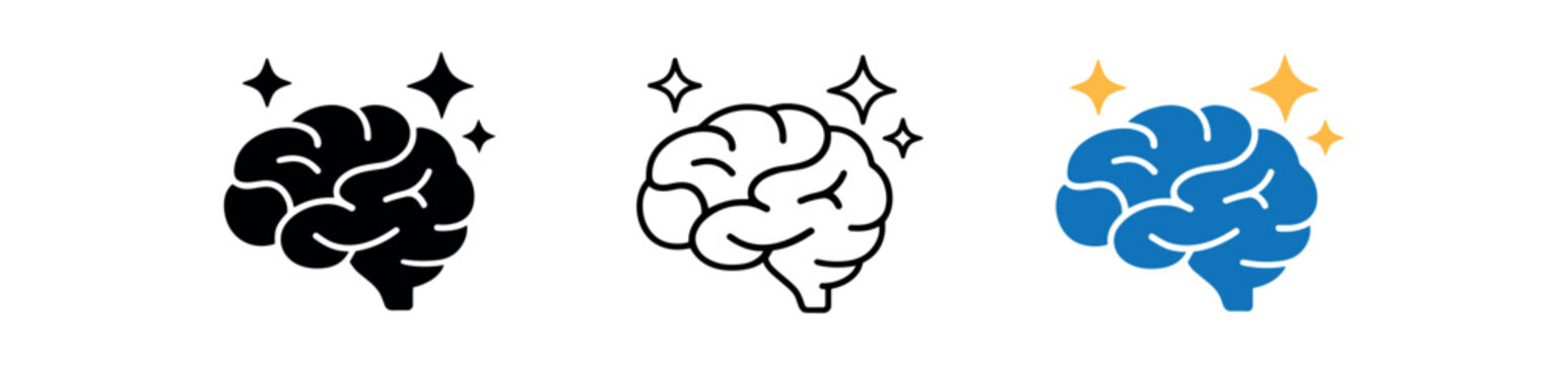 Brain icon set. mind, intelligence, creativity, thinking, cognition, idea, memory, smart, mental health. line, flat and colored vector icon set.