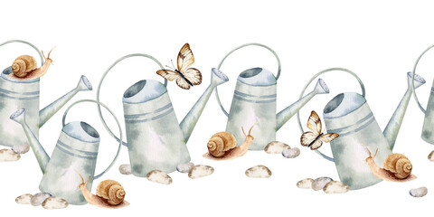 watercolor seamless border with watering can, flying butterflies, brown snail, spotted garden stones, hand drawn illustration of nature garden life, summer, springtime Easter illustration decoration © TATIANA