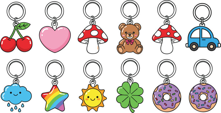 Vector set of ten cartoon keychain designs with colorful icons including cherry heart teddy bear mushroom and flame.