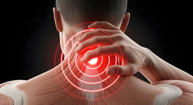 Cervical spine injury and muscular tension. Healthcare and pain management. Man holding his neck with radiating red circles indicating severe chronic inflammation