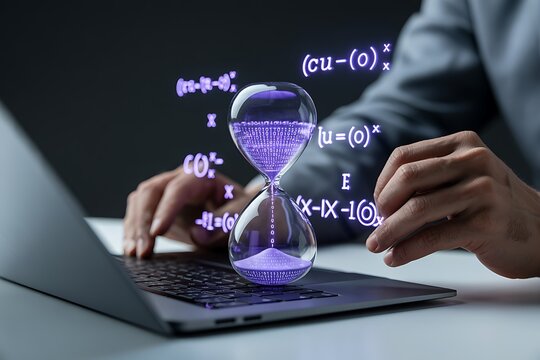 Hourglass with binary code and mathematical formulas flowing around it on a laptop