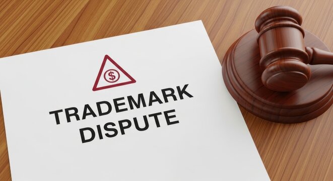 Trademark dispute legal document on wooden desk, judge gavel and court hammer, intellectual property law concept, corporate litigation and copyright infringement