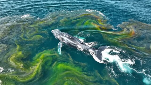 Two humpback whales gliding through swirling turquoise ocean waves under daylight, captured in a serene wildlife photograph