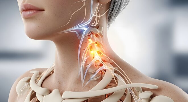 Human cervical spine and nerve root compression. Orthopedic science and medical study. 3D rendering of neck bones and nerves with glowing pain