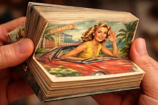 Retro Summer Road Trip Illustration in a Vintage Flipbook
