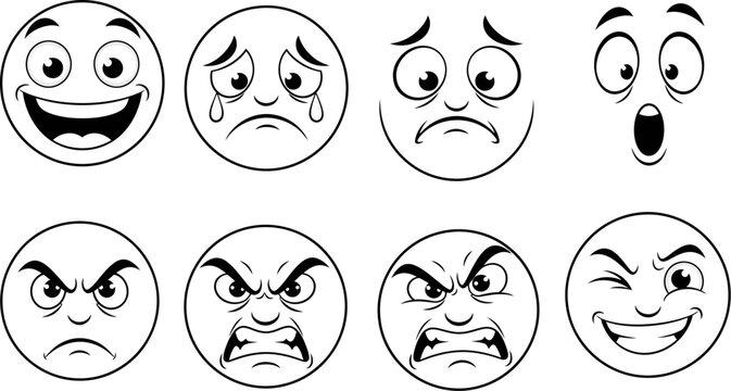 Collection of various cartoon faces with different emotions on white background