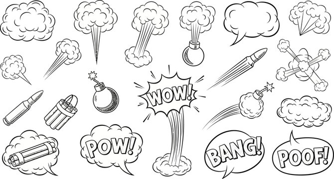 comic book explosion and bomb graphic illustrations with speech bubbles and sound effects