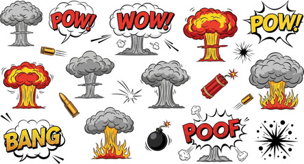 cartoon explosion icons with sound effects on white background © Pixel Verses