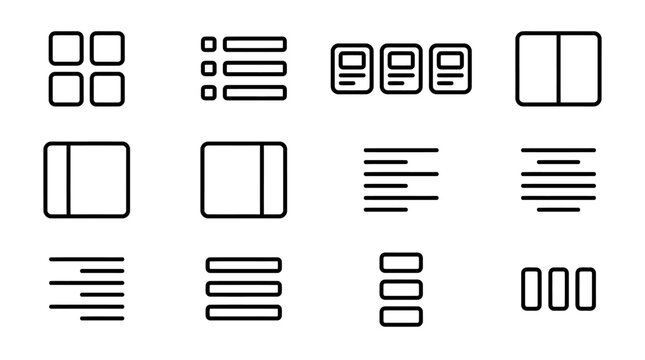 Collection of line art vector icons for user interface design, featuring layout, list, grid, text alignment, and content organization elements