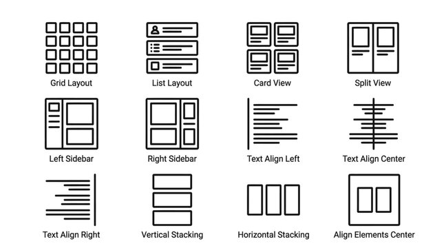 Comprehensive vector icon pack showcasing diverse UI/UX layouts, content organization, and text alignment principles for digital design and web development projects