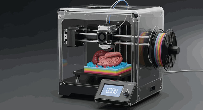 A 3D printer creates a biological organ model.
