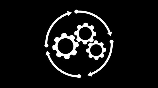 Seamless looping three white gears with circular arrows icon animation on black background for process, automation, work flow, and management concepts