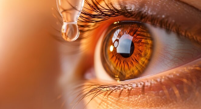 Close up of eye drop falling into brown iris. Vision correction and hydration therapy. Macro shot of liquid droplet from pipette used for treating dry eye syndrome
