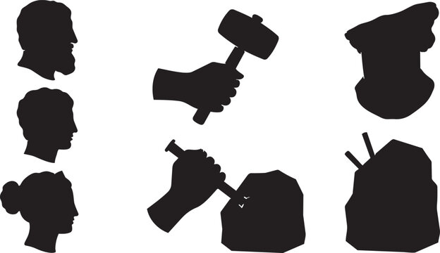 Black vector illustration of a profile silhouette of a woman with long hair holding a gun as a shadow person