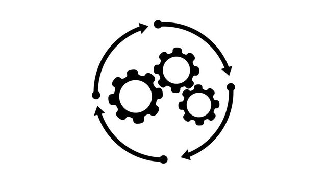 Seamless looping three black gears with circular arrows icon animation on white background for process, automation, work flow, and management concepts