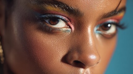 Naklejka premium Colorful Eye Makeup on Model with Tight Face Framing for Fashion and Beauty Photography