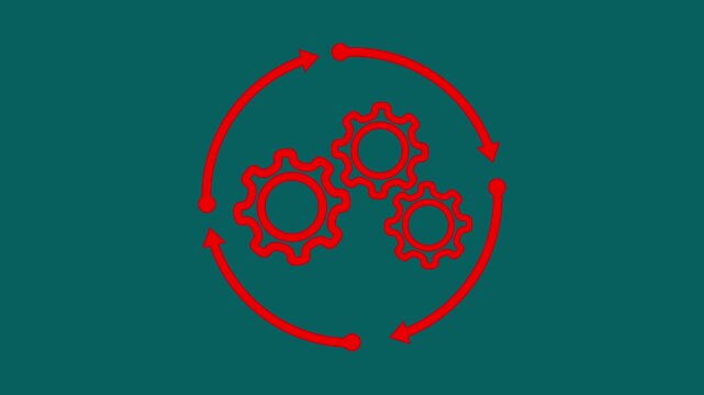 Seamless looping three red gears with circular arrows icon animation on green background for process, automation, work flow, and management concepts