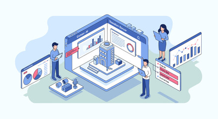 Obraz premium A modern illustration of a mobile phone screen displaying pie charts on a clean background, conveying business analytics and data insights with a mini