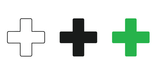 Fototapeta premium Set of three plus signs, including outline, solid black, and bright green icons, representing addition, medical, or positive concepts