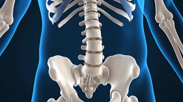 Close-up of a human spine and pelvis against a dark blue background