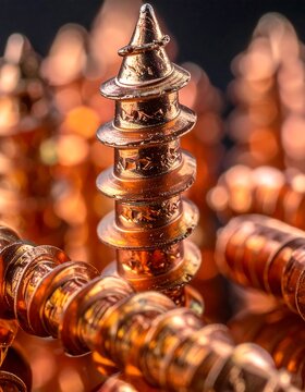 Intricate copper metal decorative objects closeup.