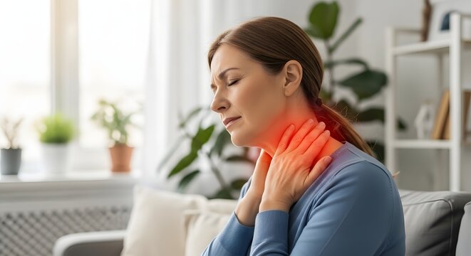 Sore throat and thyroid pain symptoms. Viral infection and seasonal flu discomfort. Sick woman sitting on sofa at home holding her neck with glowing red pain area